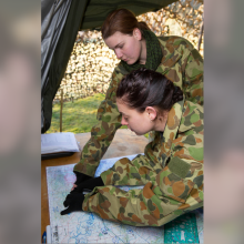 Australian Army soldiers work in the command post during the field phase of the Operator Administrative Basic Course at the Army School of Ordnance conducted at Bandiana, Victoria.