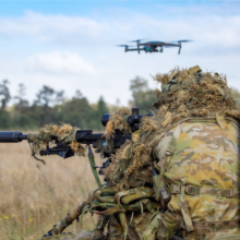 A Precision Engagement Team small unmanned aerial vehicle is deployed during a live fire airbase protection scenario at the Singleton Military Training Area during Exercise Gathering Storm 21.