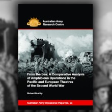 Cover of Occasional paper 23, with the cover image blurred behind; The black and white cover photograph shows British Army personnel disembarking onto the beach from a Landing Ship Tank (LST) amphibious vessel at Salerno, Italy on 9 September 1943.