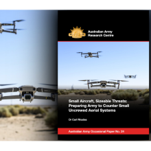 Cover image of Occasional Paper 24, by Dr Carl Rhodes; the background image shows three DJI Mavic drones in the air over an arid landscape.