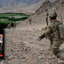 Lieutenant Geoffrey Godkin of Mentoring Task Force - Four observes the Tangi Valley from a high point while on patrol with the Afghan National Army.; cover of Irregular Warfare Essay Collection at bottom right