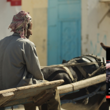 Man riding a cart pulled by a donkey in a village
