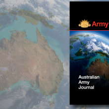 Background image of Australia on Earth from a space perspective. The cover of Australian Army Journal Volume XIX Number 2 from 2023 is displayed on the right side of the mage with a shadow.