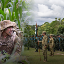 A hybrid image combining two photographs. One image showing an Australian Army soldier on patrol during an Army exercise is merged with a second image showing military members of two different nationalities on parade.