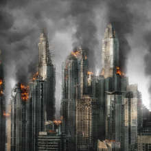 City skyline with burning buildings and sky filled with smoke