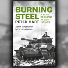 The cover of book, Burning Steel, highhlighted front and center with a blurred tank image as the background.