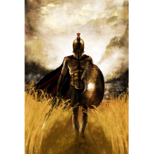 Spartan warrior in full armour with sword and shield walking in long dry grass